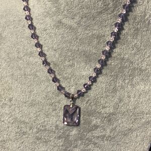 Beautiful Faceted Crystal Pendant & Beaded Necklace Purple Pink Elegant Dainty